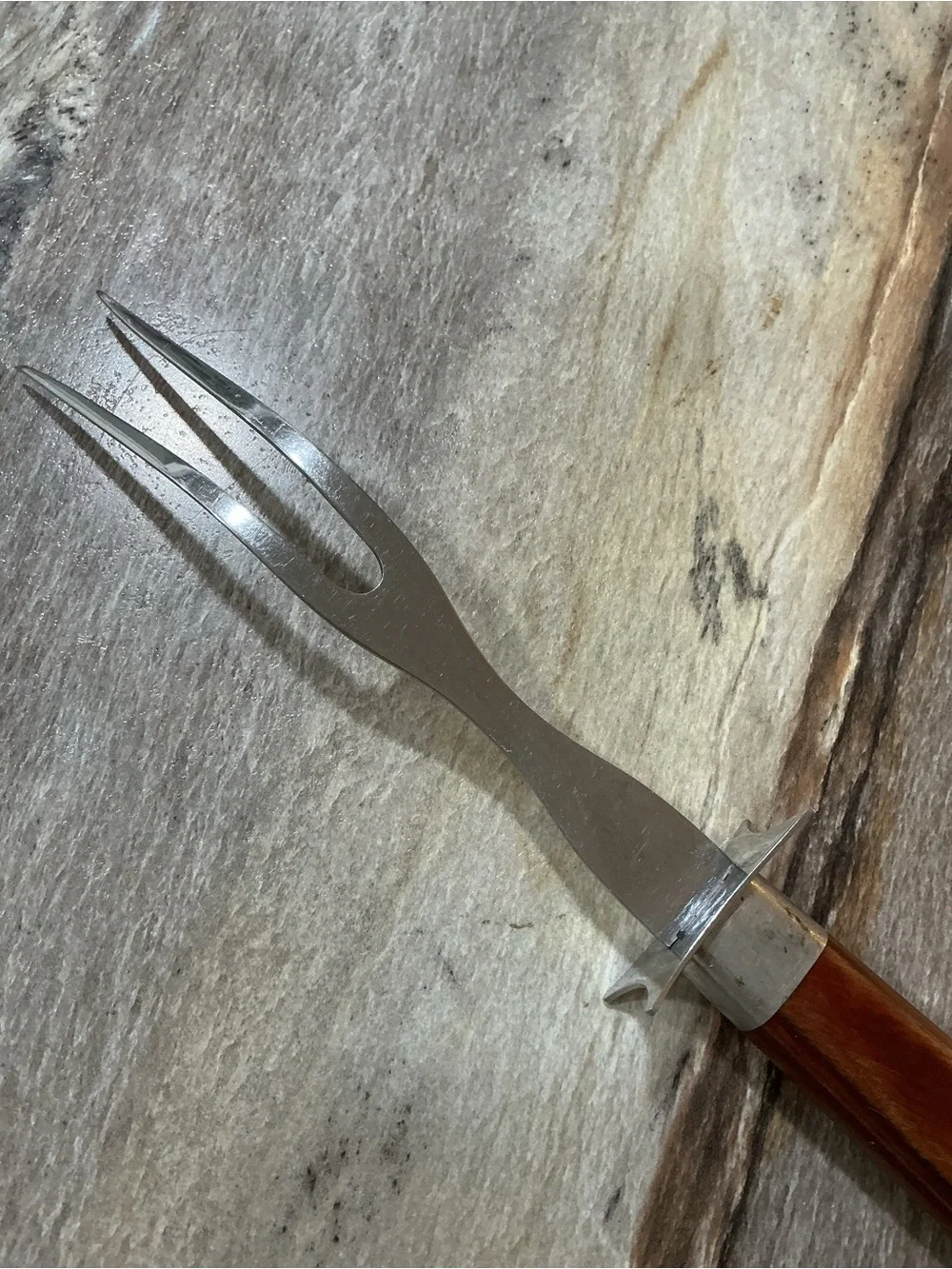 Vintage 50’s Wear-Ever #205 Carving Fork Stainless Steel 2 Tine Wood Handle 11.7